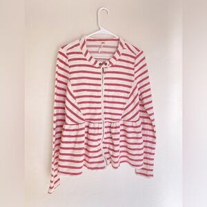 Free People Pink and White Striped Peplum Zip Jacket